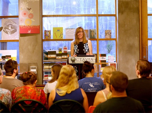 mary democker speaking at bookstore
